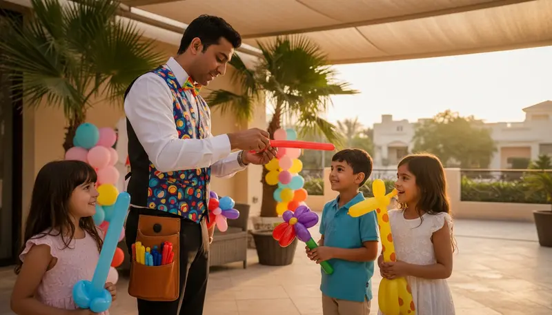 Balloon artist twisting a long balloon into a dog while children wait at a kids party in Dubai