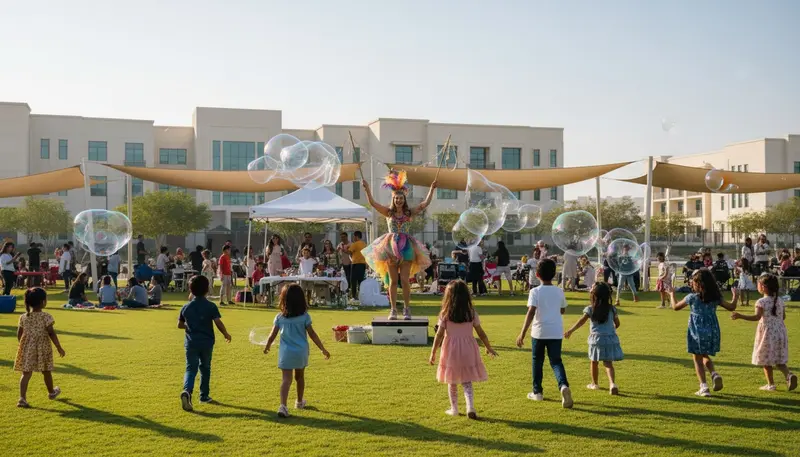 Bubble performer making giant bubbles for children at an outdoor school family day in Dubai