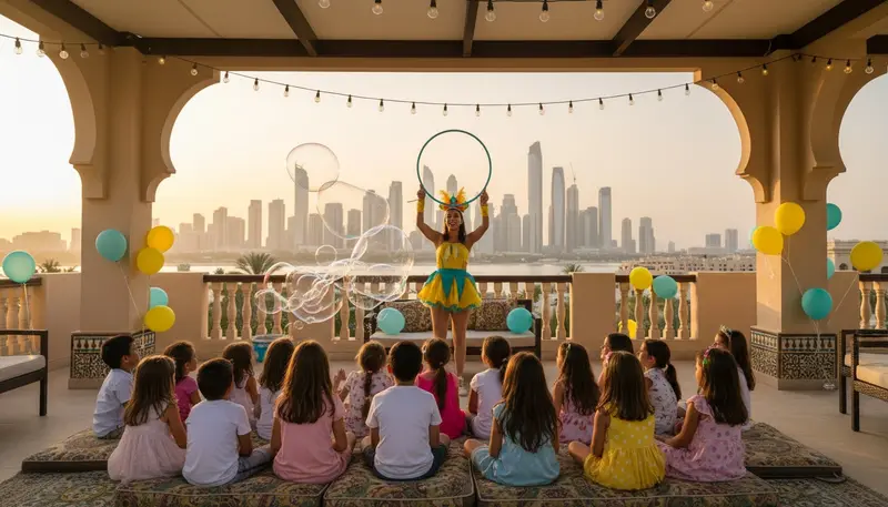 Children watching a kids entertainer on a villa terrace in Abu Dhabi with the city skyline behind