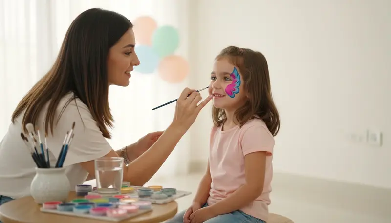 Face painter painting a colourful butterfly on a smiling girl's cheek at a kids party in Dubai