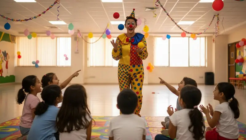 Friendly party clown in a bright costume making children laugh at a birthday party in Dubai