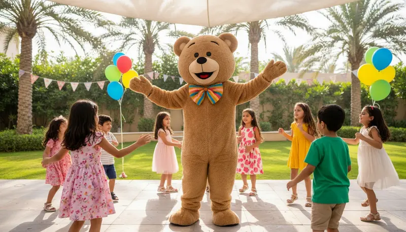 Friendly teddy bear mascot dancing with children at a birthday party in Dubai
