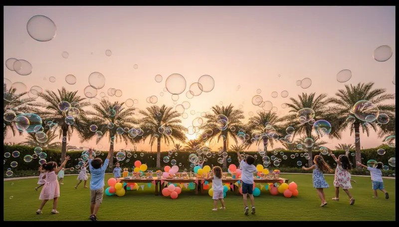 Giant soap bubbles floating over children playing at a birthday party in a Dubai garden at sunset