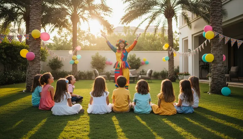 Kids entertainer in a colourful costume leading a game for children at a birthday party in a Dubai villa garden