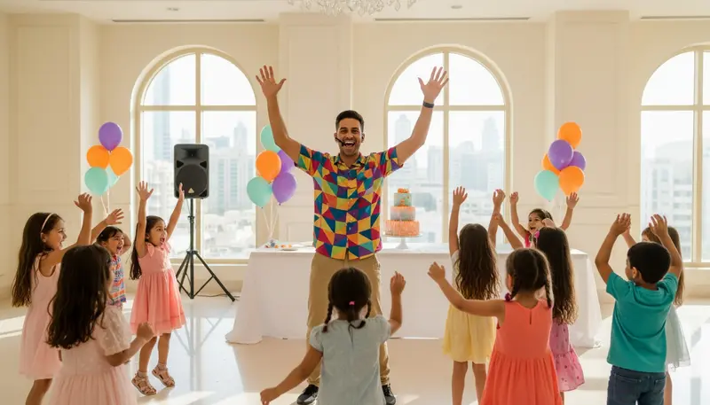 Party host with a microphone leading a dance game for children at a kids birthday party in Dubai