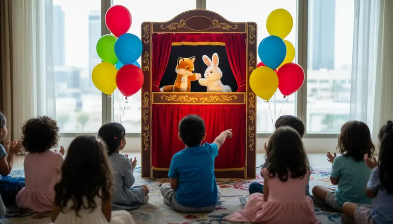 Puppet show in a small red puppet theatre with children watching at a kids party in Dubai